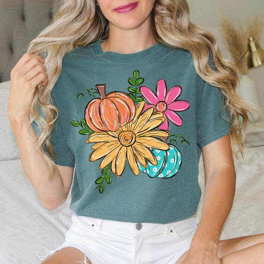 Watercolor Pumpkin and Florals DTF Transfer