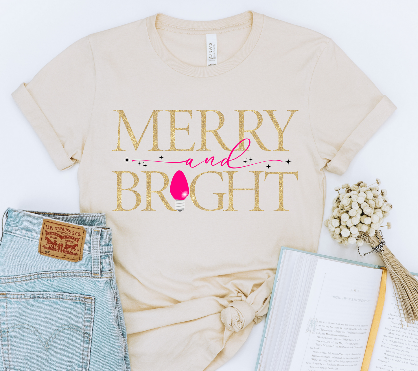 Merry and bright pink and gold 2 DTF Transfer - DTF2271