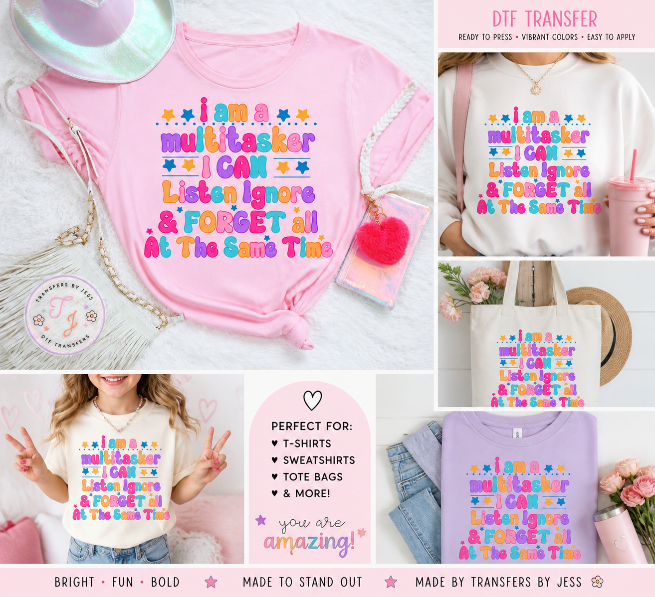Multitasker DTF Transfer Ready to Press | Funny Mom Shirt Design | Teacher Humor | Colorful Heat Transfer
