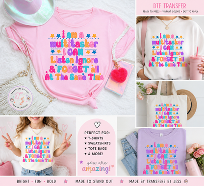 Multitasker DTF Transfer Ready to Press | Funny Mom Shirt Design | Teacher Humor | Colorful Heat Transfer