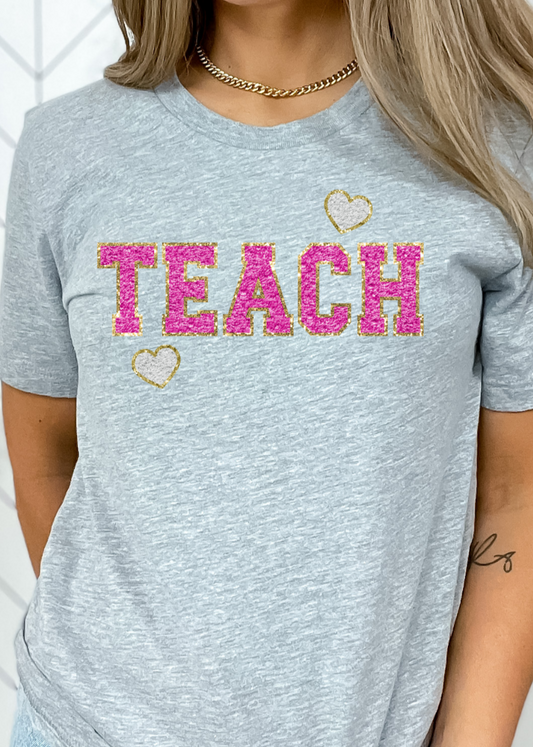 Faux Chenille Pink Teach Patch Valentine DTF Transfers DTF4319